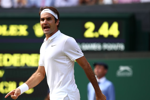 LONDON, ENGLAND - JULY 06:  Roger Federer of Switzerland celebrates during the Men's Singles Quarter Finals match against Marin Cilic of Croatia on day nine of the Wimbledon Lawn Tennis Championships at the All England Lawn Tennis and Croquet Club on July 6, 2016 in London, England.  (Photo by Clive Brunskill/Getty Images)