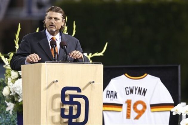 Former San Diego Padres pitcher Trevor Hoffman speaks about Hall of Fame baseball player Tony Gwynn at a memorial service at Petco Park on Thursday, June 26, 2014, in San Diego. Gwynn died June 16 from cancer at the age of 54. (AP Photo/Lenny Ignelzi)