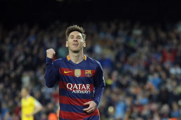 FC Barcelona's Lionel Messi reacts after scoring against Sporting Gijon during a Spanish La Liga soccer match at the Camp Nou stadium in Barcelona, Spain, Saturday, April 23, 2016. (AP Photo/Manu Fernandez)