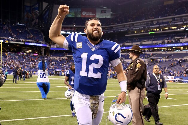 INDIANAPOLIS, IN - NOVEMBER 08:  Andrew Luck #12 of the Indianapolis Colts celebrates after the 27-24 win over the Denver Broncos at Lucas Oil Stadium on November 8, 2015 in Indianapolis, Indiana.  (Photo by Andy Lyons/Getty Images)