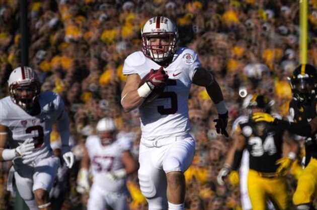 Stanford running back Christian McCaffrey goes 75 yards for a touchdown against Iowa during the first half of the Rose Bowl NCAA college football game, Friday, Jan. 1, 2016, in Pasadena, Calif. (AP Photo/Mark J. Terrill)