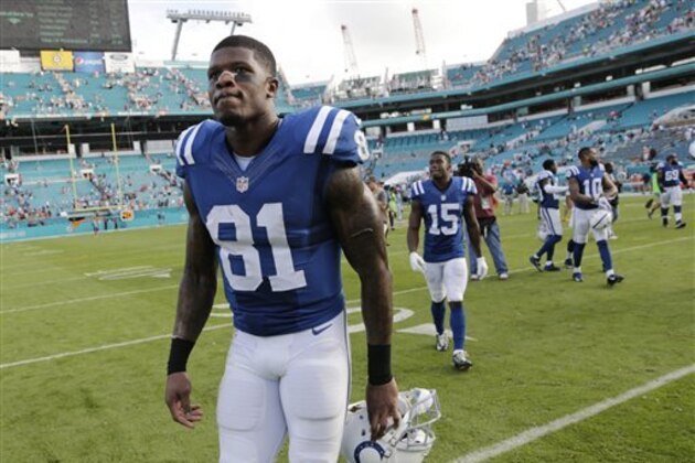 Indianapolis Colts wide receiver Andre Johnson (81) leaves the field at the end of an NFL football game against the Miami Dolphins, Sunday, Dec. 27, 2015, in Miami Gardens, Fla. The Colts defeated the Dolphins 18-12.  (AP Photo/Lynne Sladky)
