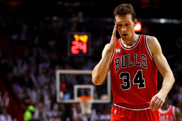 MIAMI, FLORIDA - APRIL 07:  Mike Dunleavy #34 of the Chicago Bulls looks on during a game against the Miami Heat  at American Airlines Arena on April 7, 2016 in Miami, Florida.  NOTE TO USER: User expressly acknowledges and agrees that, by downloading and or using this photograph, User is consenting to the terms and conditions of the Getty Images License Agreement.  (Photo by Mike Ehrmann/Getty Images)