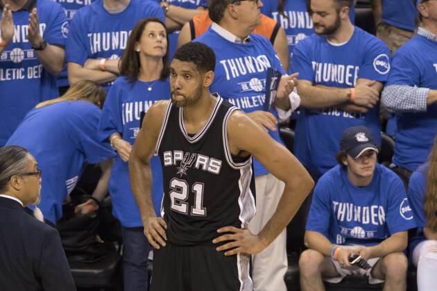 OKLAHOMA CITY, OK - MAY 12: Tim Duncan #21 of the San Antonio Spurs waits for the end of Game Six of the Western Conference Semifinals during the 2016 NBA Playoffs at the Chesapeake Energy Arena on May 12, 2016 in Oklahoma City, Oklahoma.   NOTE TO USER: User expressly acknowledges and agrees that, by downloading and or using this photograph, User is consenting to the terms and conditions of the Getty Images License Agreement. (Photo by J Pat Carter/Getty Images)