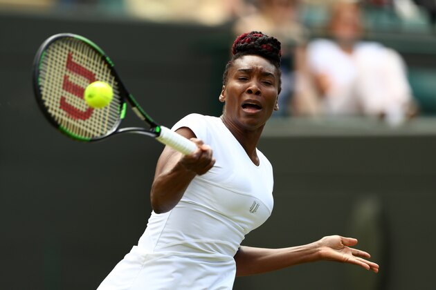 LONDON, ENGLAND - JULY 05:  Venus Williams of The United States plays a forehand during the Ladies Singles Quarter Finals match against Yaroslava Shvedova of Kazakhstan on day eight of the  Wimbledon Lawn Tennis Championships at the All England Lawn Tennis and Croquet Club on July 5, 2016 in London, England.  (Photo by Julian Finney/Getty Images)