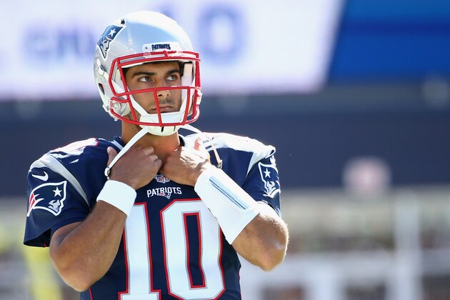 FOXBORO, MA - SEPTEMBER 27:  Jimmy Garoppolo #10 of the New England Patriots looks on during the game against the Jacksonville Jaguars at Gillette Stadium on September 27, 2015 in Foxboro, Massachusetts.  (Photo by Maddie Meyer/Getty Images)