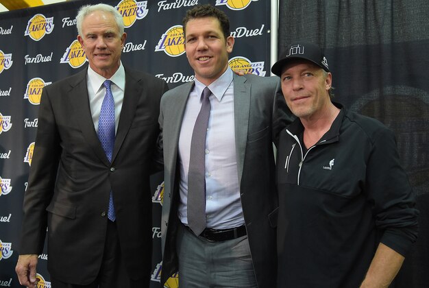 Jun 21, 2016; El Segunda, CA, USA;  Los Angeles Lakers general manager Mitch Kupchak, head coach Luke Walton and part-owner and executive vice president of basketball operations Jim Buss at today's press conference at Toyota Sports Center. Mandatory Credit: Jayne Kamin-Oncea-USA TODAY