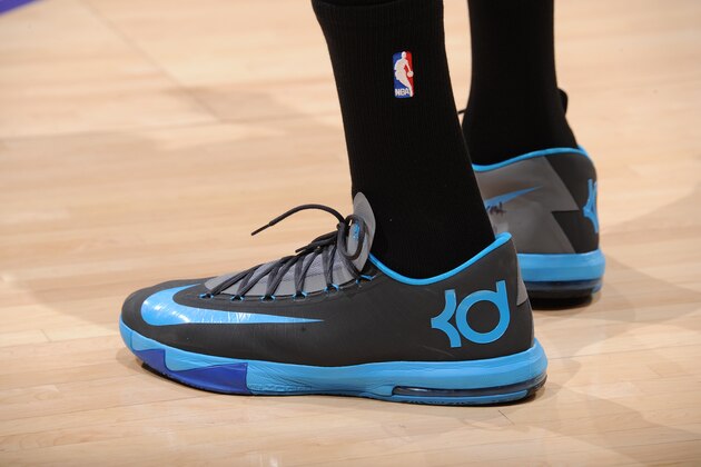 LOS ANGELES, CA - MARCH 1:  The sneakers of Kevin Durant #35 of the Oklahoma City Thunder are seen before the game against the Los Angeles Lakers on March 1, 2015 at Staples Center in Los Angeles, California. NOTE TO USER: User expressly acknowledges and agrees that, by downloading and or using this Photograph, user is consenting to the terms and conditions of the Getty Images License Agreement. Mandatory Copyright Notice: Copyright 2015 NBAE (Photo by Andrew D. Bernstein/NBAE via Getty Images)
