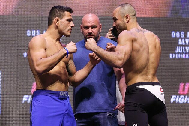 LAS VEGAS, NV - JULY 06: (L-R) UFC lightweight champion Rafael dos Anjos and challenger Eddie Alvarez face off during the UFC Fight Night Weigh-in event at the T-Mobile Arena on July 6, 2016 in Las Vegas, Nevada. (Photo by Ed Mulholland/Zuffa LLC/Zuffa LLC via Getty Images)
