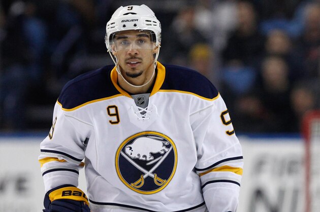 Jan 16, 2016; Buffalo, NY, USA; Buffalo Sabres left wing Evander Kane (9) during the game against the Washington Capitals at First Niagara Center. Mandatory Credit: Kevin Hoffman-USA TODAY Sports