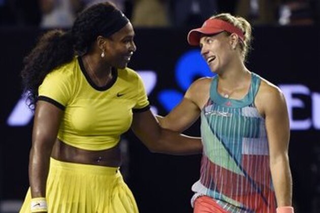 Angelique Kerber, right,  of Germany talks with Serena Williams of the United States after winning their women's singles final at the Australian Open tennis championships in Melbourne, Australia, Saturday, Jan. 30, 2016.(AP Photo/Andrew Brownbill)