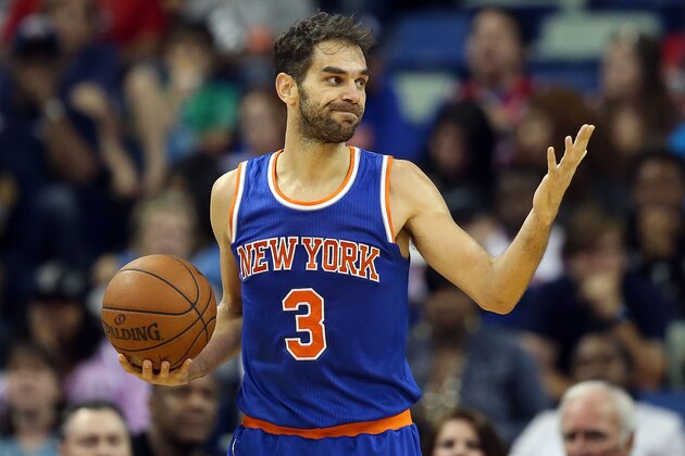 NEW ORLEANS, LA - MARCH 28:  Jose Calderon #3 of the New York Knicks reacts after receiving a blood nose during the second half against the New Orleans Pelicans at the Smoothie King Center on March 28, 2016 in New Orleans, Louisiana. NOTE TO USER: User expressly acknowledges and agrees that, by downloading and or using this photograph, User is consenting to the terms and conditions of the Getty Images License Agreement.  (Photo by Sean Gardner/Getty Images)