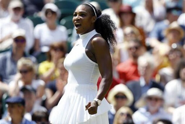 Serena Williams of the U.S celebrates after beating Elena Vesnina of Russia inter women's singles match on day eleven of the Wimbledon Tennis Championships in London, Thursday, July 7, 2016. (AP Photo/Kirsty Wigglesworth)