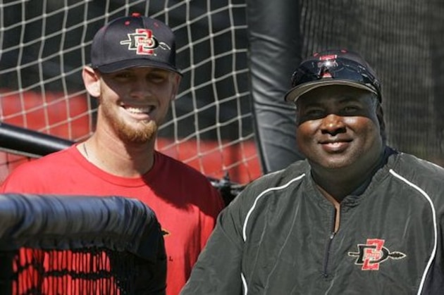 ** RETRANSMIT FOR IMPROVED TONING ** ADV FOR WEEKEND EDITIONS FEB. 21-22 ** San Diego State pitcher Stephen Strasburg, left, the projected first choice for baseball's amateur draft this spring, and his coach, Hall-of-Famer Tony Gywnn, pose at the team's field Wednesday, Feb. 18, 2009, in San Diego.  (AP Photo/Lenny Ignelzi)
