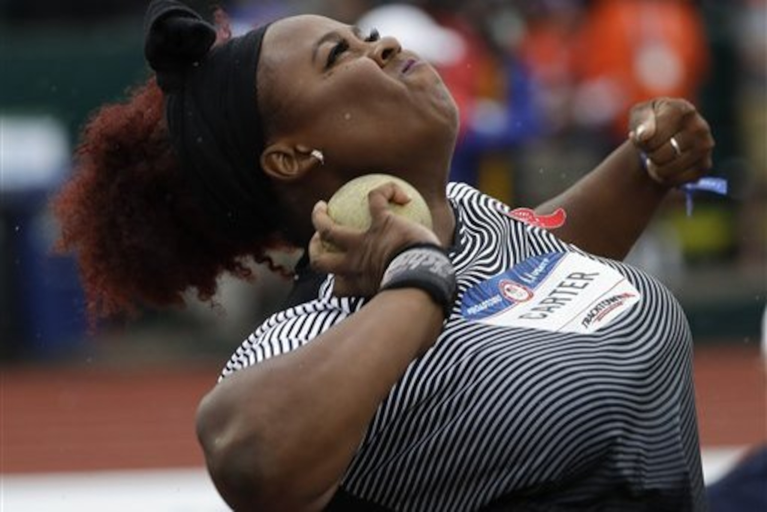 Michelle Carter competes during the women’s shop put final at the U.S. Olympic Track and Field Trials, Thursday, July 7, 2016, in Eugene Ore. (AP Photo/Matt Slocum)