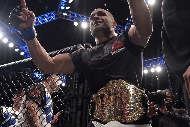 LAS VEGAS, NV - JULY 07:   Eddie Alvarez celebrates after his victory over Rafael Dos Anjos of Brazil in their lightweight championship bout during the UFC Fight Night event inside the MGM Grand Garden Arena on July 7, 2016 in Las Vegas, Nevada. (Photo by Brandon Magnus/Zuffa LLC/Zuffa LLC via Getty Images)