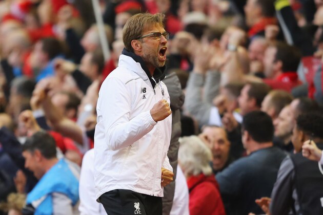 LIVERPOOL, UNITED KINGDOM - MAY 05:  Jurgen Klopp manager of Liverpool celebrates as Bruno of Villarreal scores an own goal for their first goal during the UEFA Europa League semi final second leg match between Liverpool and Villarreal CF at Anfield on May 5, 2016 in Liverpool, England.  (Photo by Richard Heathcote/Getty Images)