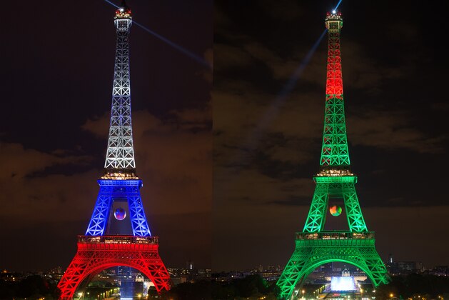 FILE PHOTO - (EDITORS NOTE: COMPOSITE OF TWO IMAGES - Image numbers (L) 540466694 and 544013996) In this composite image, the Eiffel Tower is lit up in the colours of the two finalists France (L) and Portugal.France and Portugal meet in the EURO 2016 Final on July 10, 2016 at the Stade de France in Paris,France.   ***LEFT IMAGE*** PARIS, FRANCE - JUNE 15: The Eiffel tower is lit up in the colors representing France for the 'EURO 2016' Twitter contest organized by French telecom operator 'Orange' on June 15, 2016 in Paris, France. The Eiffel Tower was displayed in lights after the Albania v France's match during the UEFA 2016 European Championship. at Eiffel Tower on June 15, 2016 in Paris, France. (Photo by Thierry Orban/Getty Images) ***RIGHT IMAGE*** PARIS, FRANCE - JUNE 30: The Eiffel tower is lit up in the colors representing Portugal for the 'EURO 2016' Twitter contest organized by French telecom operator 'Orange' at Eiffel Tower on June 30, 2016 in Paris, France. (Photo by Thierry Orban/Getty Images)