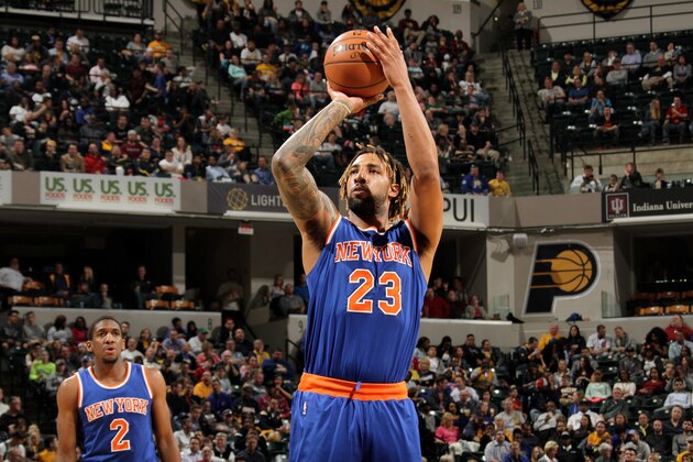 INDIANAPOLIS, IN - APRIL 12: Derrick Williams #23 of the New York Knicks shoots a free throw during the game against the Indiana Pacers on April 12, 2016 at Bankers Life Fieldhouse in Indianapolis, Indiana. NOTE TO USER: User expressly acknowledges and agrees that, by downloading and or using this Photograph, user is consenting to the terms and conditions of the Getty Images License Agreement. Mandatory Copyright Notice: Copyright 2016 NBAE (Photo by Ron Hoskins/NBAE via Getty Images)