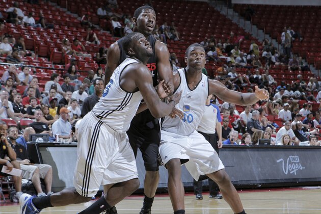 LAS VEGAS, NV - JULY 20: Draymond Green #23 and Harrison Barnes #40 of the Golden State Warriors boxes out against the Chicago Bulls during NBA Summer League on July 20, 2012 at the Thomas & Mack Center in Las Vegas, Nevada.NOTE TO USER: User expressly acknowledges and agrees that, by downloading and/or using this Photograph, user is consenting to the terms and conditions of the Getty Images License Agreement. Mandatory Copyright Notice: Copyright 2012 NBAE (Photo by Jack Arent/NBAE via Getty Images)