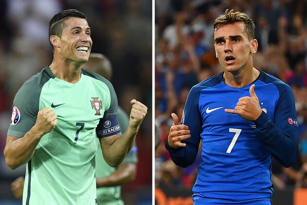A combination of two file pictures made on July 8, 2016 shows Portugal's forward Cristiano Ronaldo (L) in Decines-Charpieu, near Lyon, on July 6, 2016, and France's forward Antoine Griezmann (R) in Marseille on July 7, 2016.
France will face Portugal in the Euro 2016 final football match at the Stade de France in Saint-Denis, north of Paris, on July 10, 2016. / AFP / MARTIN BUREAU AND Franck FIFE        (Photo credit should read MARTIN BUREAU,FRANCK FIFE/AFP/Getty Images)