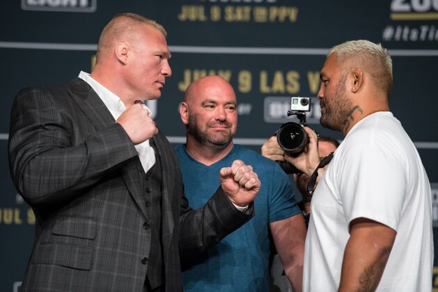 LAS VEGAS, NV - JULY 06:  (L-R) Brock Lesnar and Mark Hunt face off during the UFC 200: Press Conference in KA Theater at MGM Grand Hotel