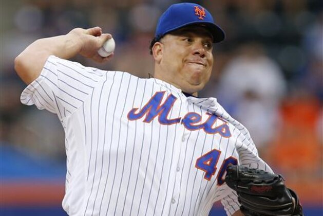 New York Mets starting pitcher Bartolo Colon (40) delivers a pitch during the first inning of a baseball game against the Washington Nationals, Thursday, July 7, 2016, in New York. (AP Photo/Kathy Willens)