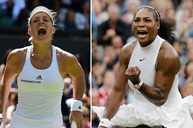 A combination of pictures created on July 8, 2016 shows Germany's Angelique Kerber (L) celebrating during her women's singles quarter-final match at the 2016 Wimbledon Championships in London on July 5, 2016 and US player Serena Williams (R) celebrating her women's singles second round victory at the Championships at The All England Lawn Tennis Club in Wimbledon on July 1, 2016. 
Kerber and Williams face each other in the women's singles final on July 9, 2016.  / AFP / ADRIAN DENNIS AND GLYN KIRK        (Photo credit should read ADRIAN DENNIS,GLYN KIRK/AFP/Getty Images)