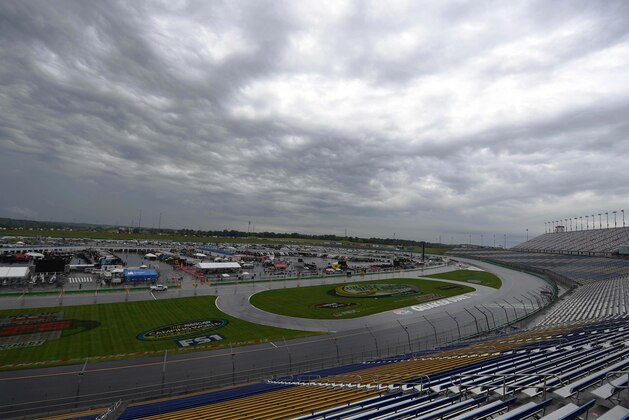 Jul 8, 2016; Sparta, KY, USA; General view of Kentucky Speedway in a weather delay during practice for the Quaker State 400 presented by Advance Auto Parts. Mandatory Credit: Christopher Hanewinckel-USA TODAY Sports