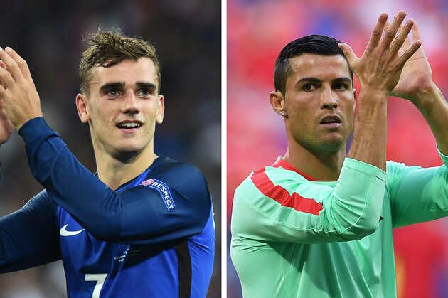 A combination of two file pictures made on July 8, 2016 shows France's forward Antoine Griezmann (L) in Marseille on July 7, 2016, and Portugal's forward Cristiano Ronaldo (L) in Decines-Charpieu, near Lyon, on July 6, 2016.
France will face Portugal in the Euro 2016 final football match at the Stade de France in Saint-Denis, north of Paris, on July 10, 2016. / AFP / Bertrand LANGLOIS AND Francisco LEONG        (Photo credit should read BERTRAND LANGLOIS,FRANCISCO LEONG/AFP/Getty Images)