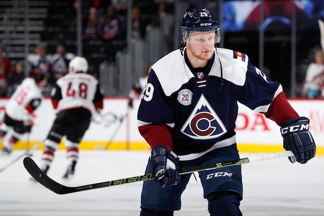 DENVER, CO - MARCH 07:  Nathan MacKinnon #29 of the Colorado Avalanche warms up prior to facing the Arizona Coyotes at Pepsi Center on March 7, 2016 in Denver, Colorado.  (Photo by Doug Pensinger/Getty Images)