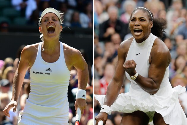 A combination of pictures created on July 8, 2016 shows Germany's Angelique Kerber (L) celebrating during her women's singles quarter-final match at the 2016 Wimbledon Championships in London on July 5, 2016 and US player Serena Williams (R) celebrating her women's singles second round victory at the Championships at The All England Lawn Tennis Club in Wimbledon on July 1, 2016. 
Kerber and Williams face each other in the women's singles final on July 9, 2016.  / AFP / ADRIAN DENNIS AND GLYN KIRK        (Photo credit should read ADRIAN DENNIS,GLYN KIRK/AFP/Getty Images)