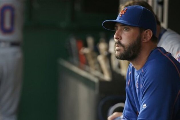 New York Mets starting pitcher Matt Harvey (33) pauses in the dugout during a baseball against the Washington Nationals game at Nationals Park, Monday, June 27, 2016, in Washington. (AP Photo/Alex Brandon)