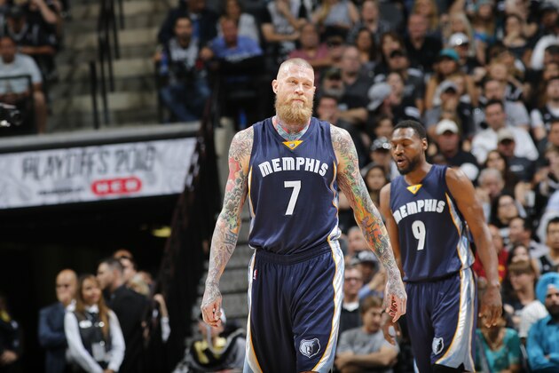 SAN ANTONIO, TX - APRIL 17:  Chris Andersen #7 of the Memphis Grizzlies looks on against the San Antonio Spurs in Game One of the Western Conference Quarterfinals during the 2016 NBA Playoffs on April 17, 2016 at the AT&T Center in San Antonio, Texas. NOTE TO USER: User expressly acknowledges and agrees that, by downloading and or using this photograph, user is consenting to the terms and conditions of the Getty Images License Agreement. Mandatory Copyright Notice: Copyright 2016 NBAE (Photos by Chris Covatta/NBAE via Getty Images)