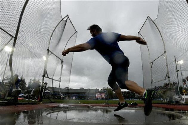 Mason Finley competes during the men’s discus throw final at the U.S. Olympic Track and Field Trials, Friday, July 8, 2016, in Eugene Ore. (AP Photo/Charlie Riedel)