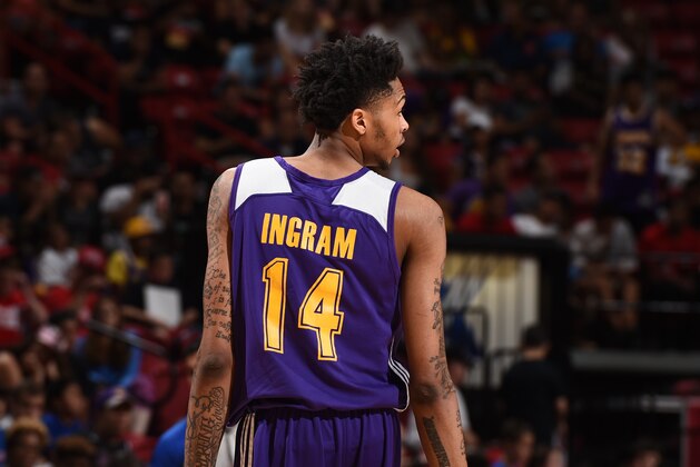 LAS VEGAS, NV - JULY 8: Brandon Ingram #14 of the Los Angeles Lakers after a play against the New Orleans Pelicans during the 2016 Las Vegas Summer League game on July 8, 2016 at Thomas and Mack Center in Las Vegas, Nevada. NOTE TO USER: User expressly acknowledges and agrees that, by downloading and or using this Photograph, user is consenting to the terms and conditions of the Getty Images License Agreement. Mandatory Copyright Notice: Copyright 2016 NBAE (Photo by Garrett Ellwood/NBAE via Getty Images)
