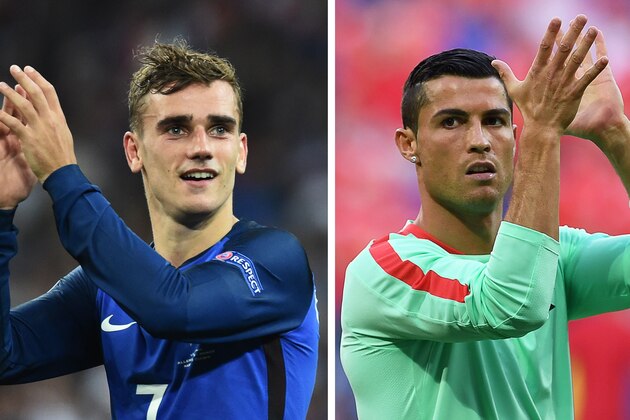 A combination of two file pictures made on July 8, 2016 shows France's forward Antoine Griezmann (L) in Marseille on July 7, 2016, and Portugal's forward Cristiano Ronaldo (L) in Decines-Charpieu, near Lyon, on July 6, 2016.
France will face Portugal in the Euro 2016 final football match at the Stade de France in Saint-Denis, north of Paris, on July 10, 2016. / AFP / Bertrand LANGLOIS AND Francisco LEONG        (Photo credit should read BERTRAND LANGLOIS,FRANCISCO LEONG/AFP/Getty Images)