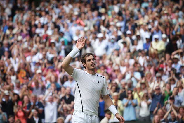 LONDON, ENGLAND - JULY 08:  Andy Murray of Great Britain reacts during the Men's Singles Semi Final match against Tomas Berdych of The Czech Republic on day eleven of the Wimbledon Lawn Tennis Championships at the All England Lawn Tennis and Croquet Club on July 8, 2016 in London, England. (Photo By Justin Tallis/AFP/Pool/Getty Images)