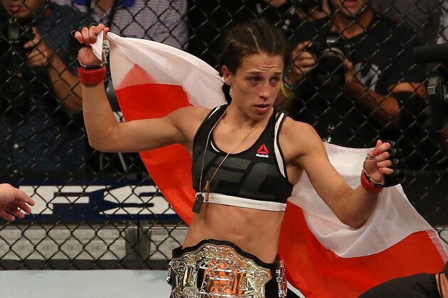 LAS VEGAS, NV - JULY 08:  Joanna Jedrzejczyk of Poland celebrates after the conclusion of her UFC women's strawweight championship bout against Claudia Gadelha during The Ultimate Fighter Finale event at MGM Grand Garden Arena on July 8, 2016 in Las Vegas, Nevada.  (Photo by Ed Mulholland/Zuffa LLC/Zuffa LLC via Getty Images)