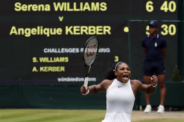 Serena Williams of the U.S celebrates after winning the first set Angelique Kerber of Germany during the women's singles final on day thirteen of the Wimbledon Tennis Championships in London, Saturday, July 9, 2016. (AP Photo/Ben Curtis)