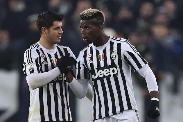 TURIN, ITALY - DECEMBER 16:  Paul Pogba (R) of FC Juventus celebrates his goal with team mate Alvaro Morata during the TIM Cup match between FC Juventus and Torino FC at Juventus Arena on December 16, 2015 in Turin, Italy.  (Photo by Valerio Pennicino/Getty Images)