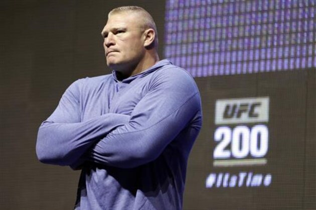 Brock Lesnar attends a UFC 200 mixed martial arts workout, Thursday, July 7, 2016, in Las Vegas. Lesnar is scheduled to fight Mark Hunt in a heavyweight fight at UFC 200 on Saturday. (AP Photo/John Locher)