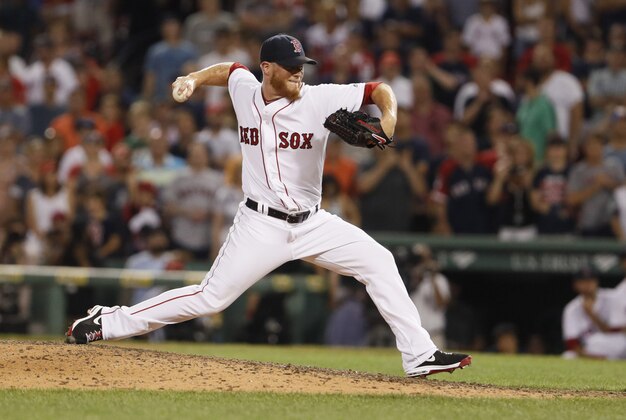 Jul 6, 2016; Boston, MA, USA; Boston Red Sox relief pitcher Craig Kimbrel (46) throws a pitch against the Texas Rangers in the ninth inning at Fenway Park. Mandatory Credit: David Butler II-USA TODAY Sports