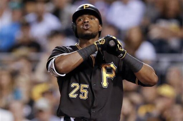Pittsburgh Pirates' Gregory Polanco takes a deep breath as he bats against the San Francisco Giants during the ninth inning of a baseball game Wednesday, June 22, 2016, in Pittsburgh. The Giants won 7-6. (AP Photo/Keith Srakocic)