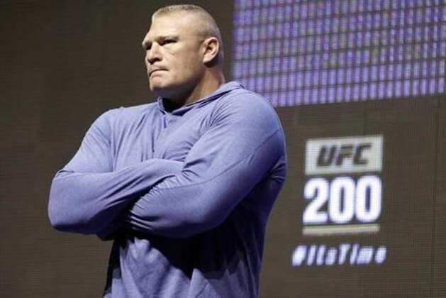Brock Lesnar attends a UFC 200 mixed martial arts workout, Thursday, July 7, 2016, in Las Vegas. Lesnar is scheduled to fight Mark Hunt in a heavyweight fight at UFC 200 on Saturday. (AP Photo/John Locher)