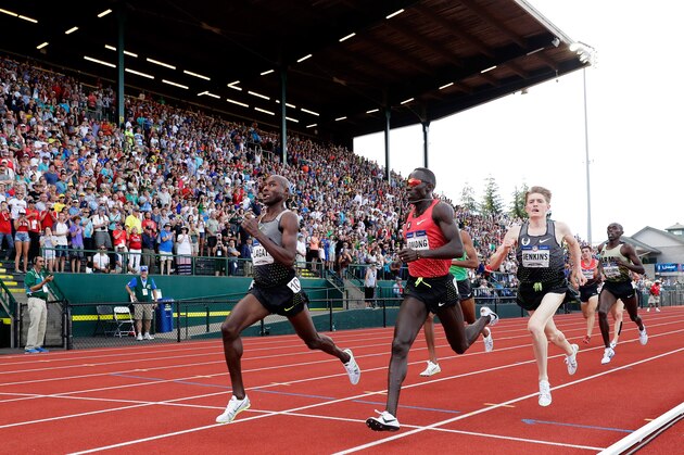 EUGENE, OR - JULY 04:  Bernard Lagat and Lopez Lomong run in first round of the Men's 5000 Meter during the 2016 U.S. Olympic Track
