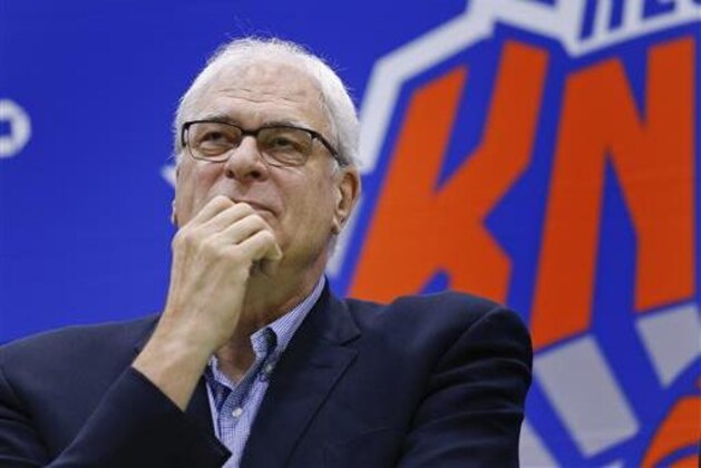 New York Knicks president Phil Jackson answers questions during a news conference at the team's training facility, Friday, July 8, 2016, in Greenburgh, N.Y. (AP Photo/Julie Jacobson)
