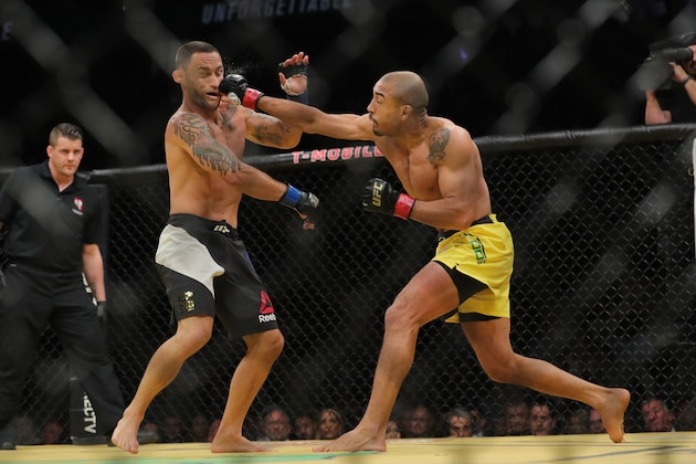 LAS VEGAS, NV - JULY 9: Jose Aldo punches Frankie Edgar during the UFC 200 event at T-Mobile Arena on July 9, 2016 in Las Vegas, Nevada. (Photo by Rey Del Rio/Getty Images)
