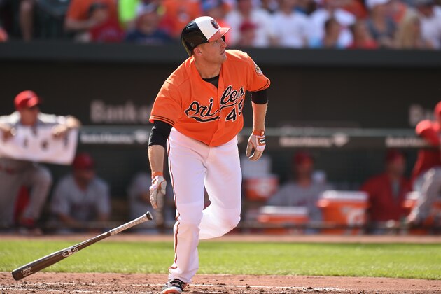 BALTIMORE, MD - JULY 09:  Mark Trumbo #45 of the Baltimore Orioles hits a solo home run in the second inning during a baseball game against the Los Angeles Angels of Anaheim at Oriole Park at Camden Yards on July 9, 2016 in Baltimore, Maryland.  (Photo by Mitchell Layton/Getty Images)