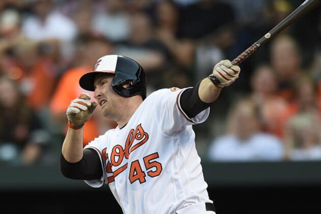 Baltimore Orioles' Mark Trumbo follows through on a two run double against the Kansas City Royals in the first inning of a baseball game, Tuesday, June 7, 2016, in Baltimore. (AP Photo/Gail Burton)